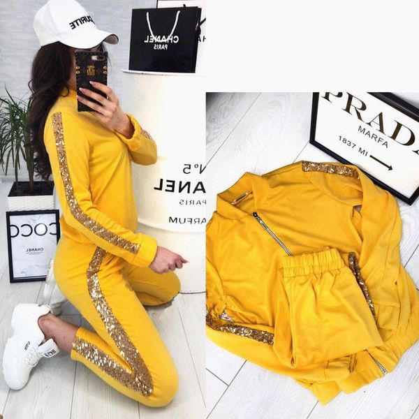 

2021 new yellow sequin glitter tracksuit autumn two baseball jacket and pants 2 piece set women outfits sportswear ladies 9j2d, White