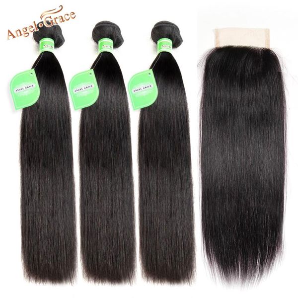 

human hair bulks peruvian straight 3 bundles with closure angel grace remy extensions lace, Black