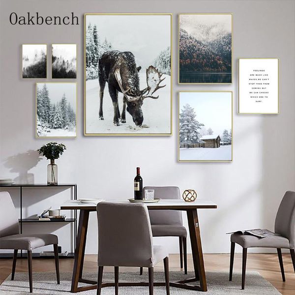 

foggy forest canvas painting landscape art print winter snow scene poster deer prints nordic wall pictures for living room decor