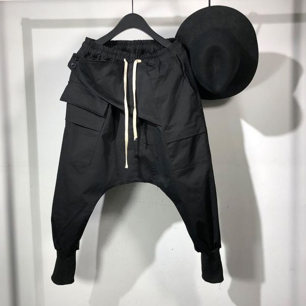 

men's pants men's spring solid color elastic waist design loose tight harlan irregular asymmetrical sports, Black