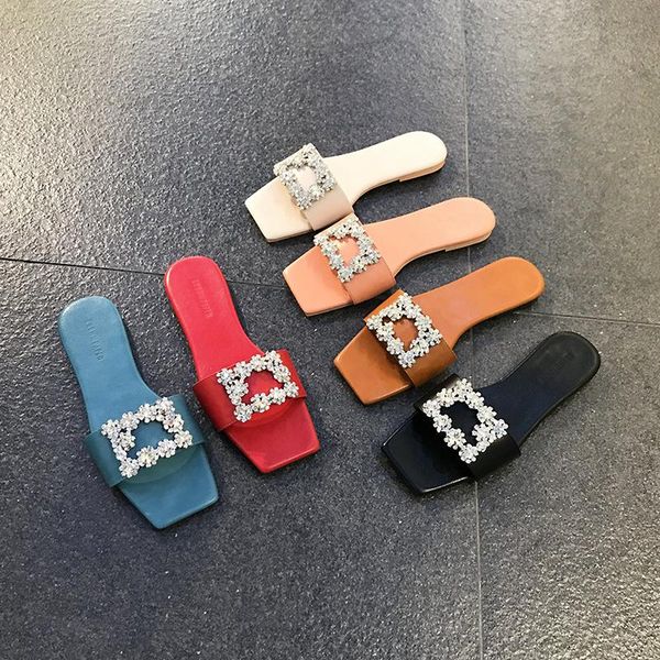 

slippers 2021 square rhinestone sandals wild leisure flat, Black