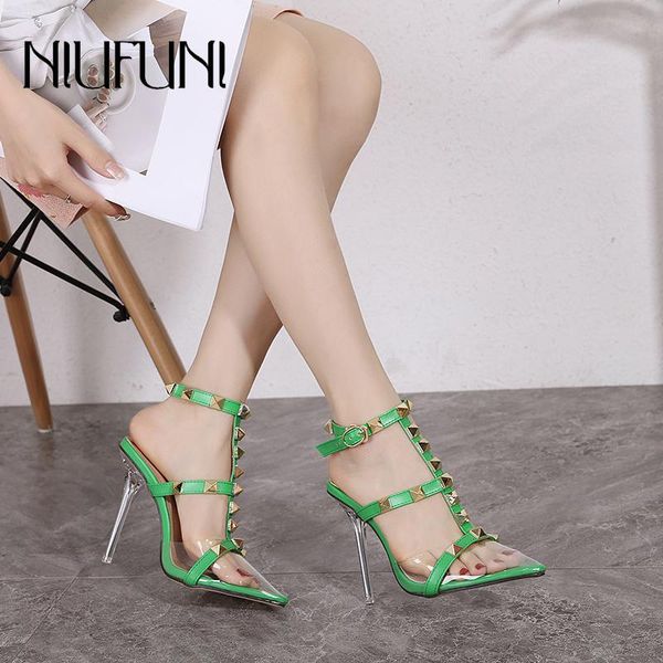 

sandals niufuni summer transparent pvc rivet women's pointed high heels belt buckle solid color women shoes crystal heel, Black