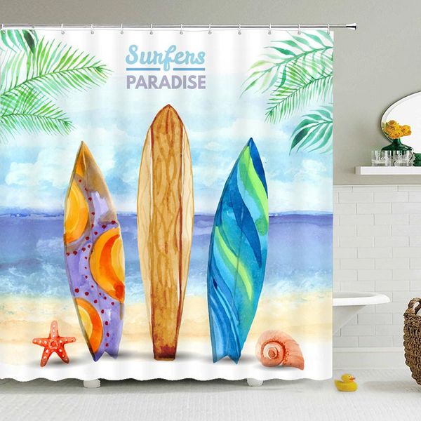 

seaside scenery surf drifting ocean beach printed shower curtains set polyester fabric waterproof bathroom decor cloth curtain