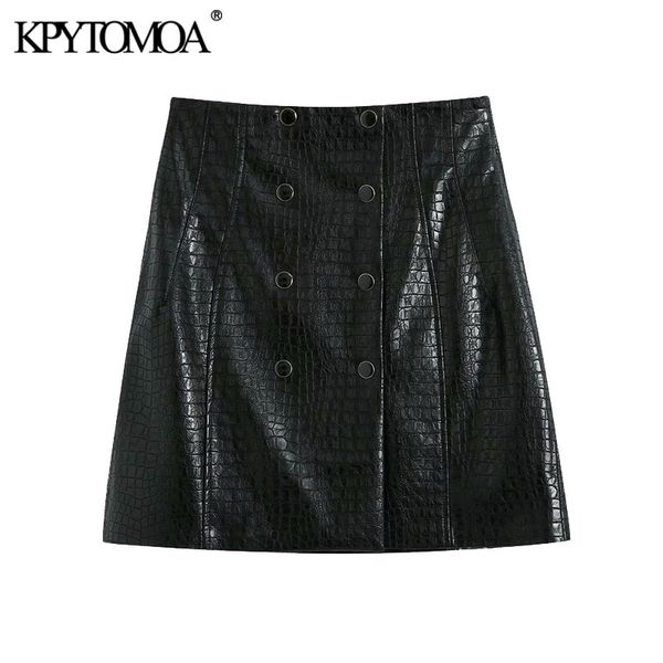 

kpytomoa women fashion with metal buttons faux leather mini skirt vintage a line high waist female skirts mujer 210309, Black