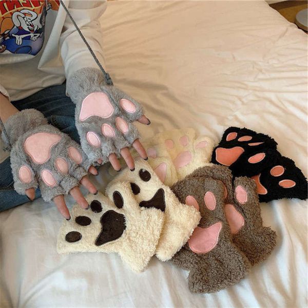 

in thickened and warm inschao women' winter gloves half finger cute plush cycling motorcycle cold proof cat claw exposed finger, Blue;gray