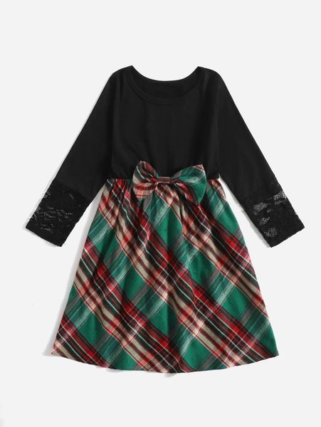 

toddler girls 1pc tartan print contrast lace bow front dress she, Red;yellow