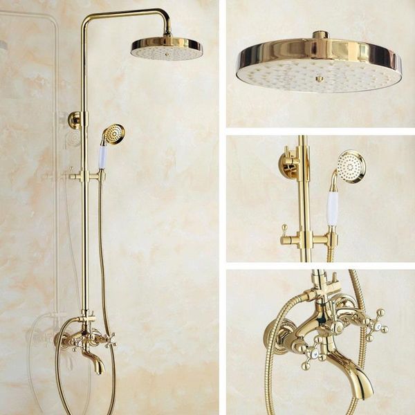

bathroom shower sets gold color brass two cross handles wall mounted rain head bath tub faucet set telephone shape hand spray mgf455