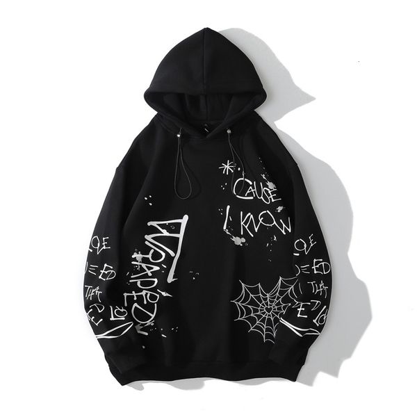 

high street dark print autumn winter men's and women's same lover hip hop oversize pullover hoodie, Black
