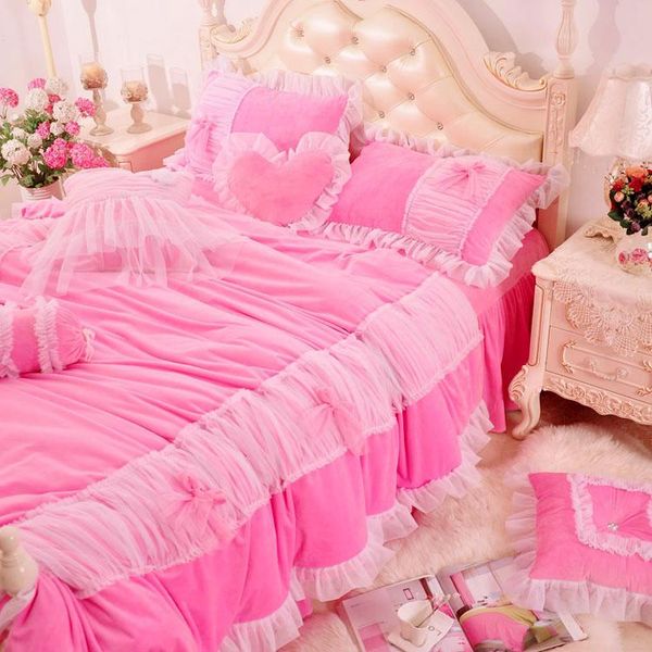 

bedding sets luxury pink korean princess style warm fleece fabric wedding flannel velvet pillowcases duvet skirt cover lace set bed