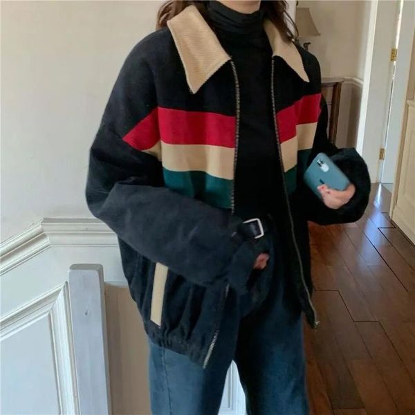 

women's jackets hstar 2021 fall women corduroy turn down jacket lady patchwork casual female streetwear loose hip hop fashion, Black;brown