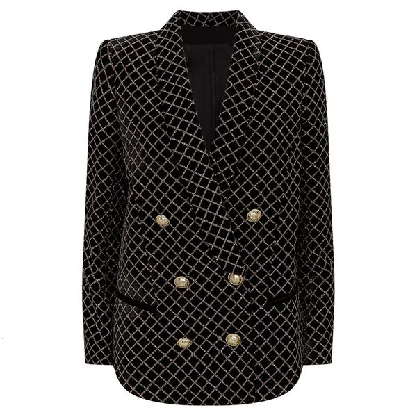 

2021 new high street designer women's lion buttons shawl collar classic plaid glitter embellished veet blazer jacket tiil, White;black