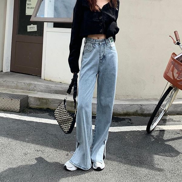 

women's jeans light blue split little girl wide-legged design of tall waist loose show thin straight tube, qiu dong