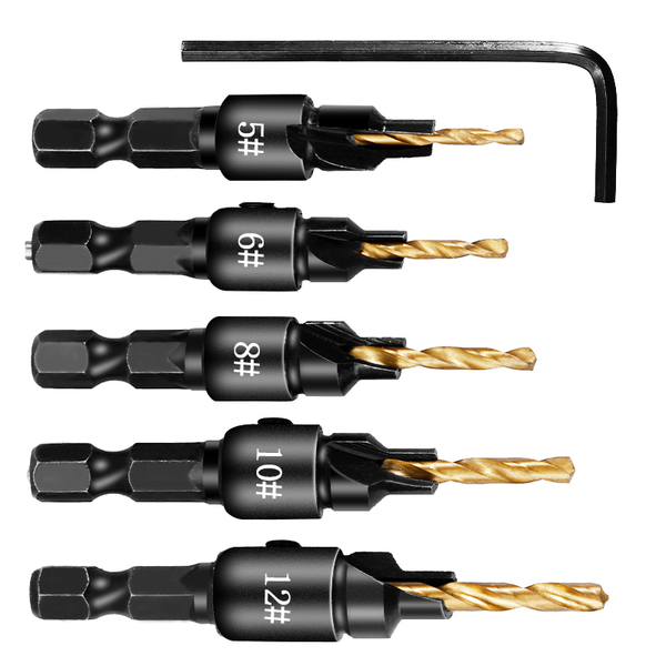 

professional drill bits 5 pcs countersink set pilot woodworking bit with holes for screw sizes # 6 8 10 12