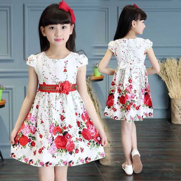 2021 Bambino Summer Girl Flower Print Dress Pizzo Bambini Party Princess Dress Moda Teens Girl Clothes 4 6 8 10 12 Età Q0716