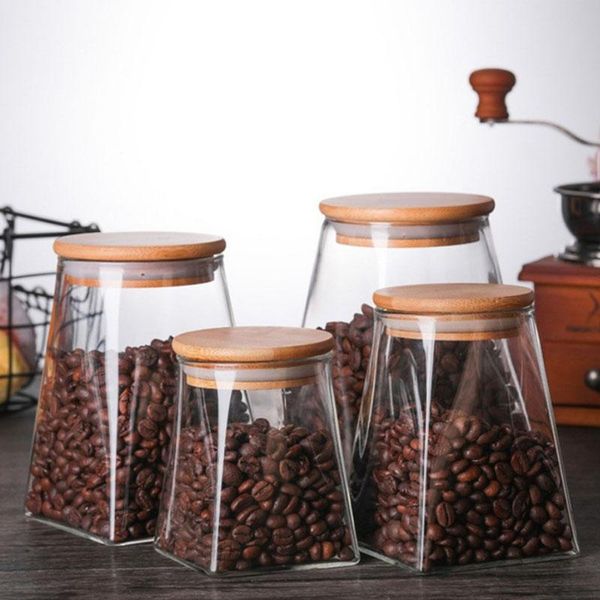 

kitchen storage glass jars coffee jar sugar bottle cereals sealed tank household square with wooden lid containers for