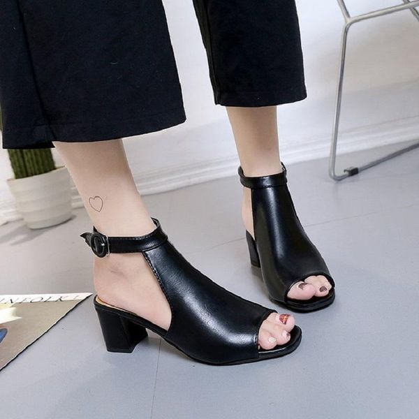 

sandals women 2021 new spring korean fish mouth roman shoes women's medium heel thick heel no women's shoes c140, Black