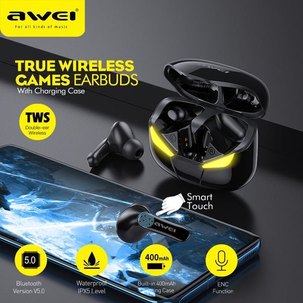 AWEI T35 Gaming Earbuds TWS Руки Низкая Задержка HiFi Deep Bass Sound True Беспроводные стерео наушники с микрофоном