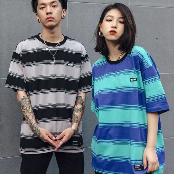 

summer vegorrs 2021 loose original suzerain round neck hip hop stripe t-shirt short sleeve men, White;black
