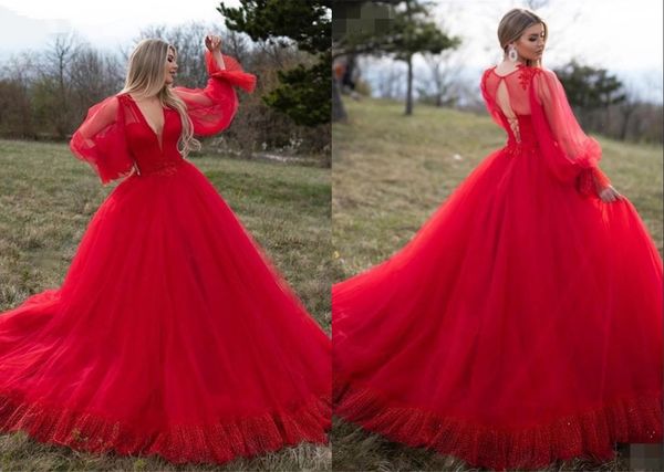 

gorgeous ball gown red prom quinceanera dresses deep v neck poet illusion long sleeves pleated tulle hollow back cocktail pageant dresess, Black