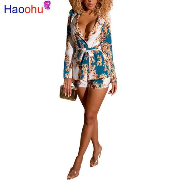 

two piece dress haoohu matching sets deep-v bandage suit coat+shorts long sleeve fall outfits women festival clothes 2 set, White