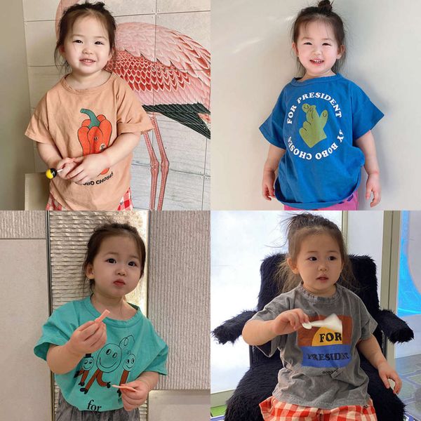 

2021ss spring t-shirt and bo new products big round neck cute cartoon bottomed short sleeve summer children's, Blue
