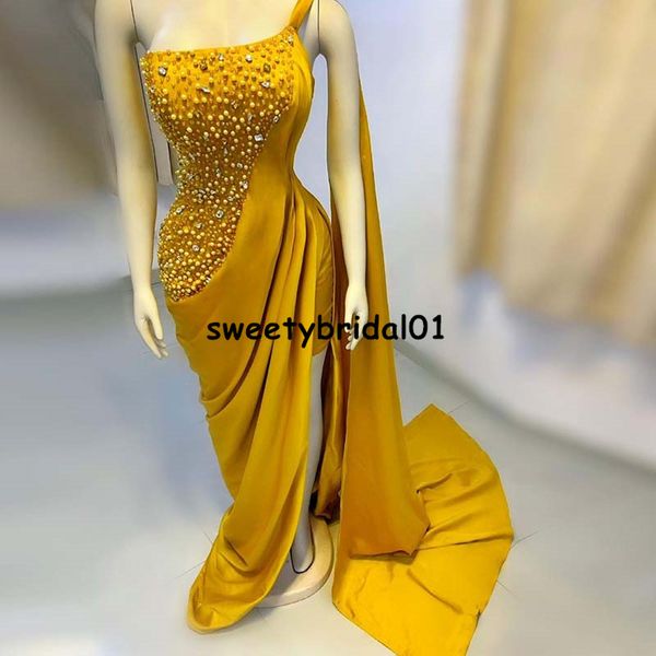 

yellow satin beads islamic evening dress mermaid one shoulder 2021 arabic formal prom occasion gowns, Black
