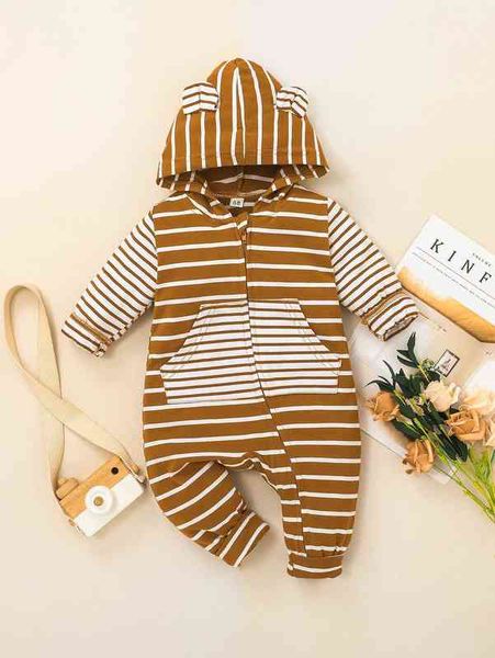 

baby striped print 3d ears design hooded jumpsuit she, Blue