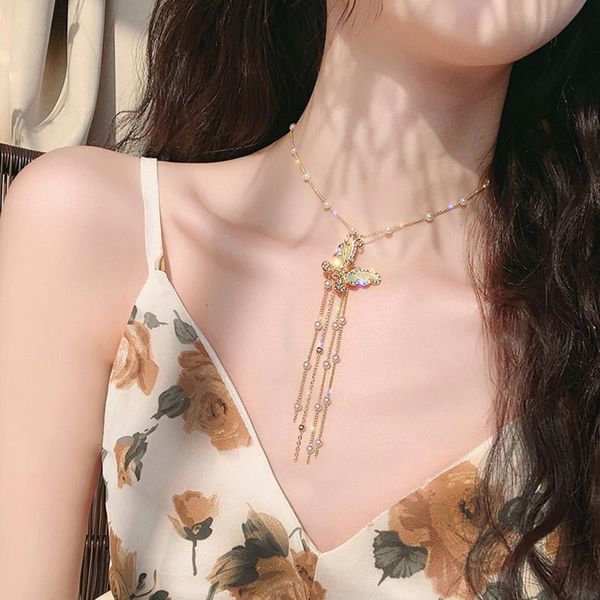 

pendant necklaces beautiful butterfly for women exquisite long tassel pearl weddings jewelry party gifts, Silver