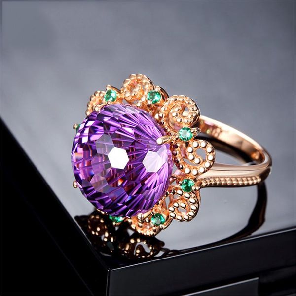 

wedding rings luxury female purple round crystal ring dainty rose gold hollow for women vintage bridal flower engagement, Slivery;golden