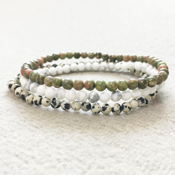 MG0094 Howlite Unakite Yoga Mala Bracciale 3 Avvolgimenti di Diaspro dalmata Bilancio energetico Perline Gioielli 4 mm Mini Set di braccialetti con pietre preziose