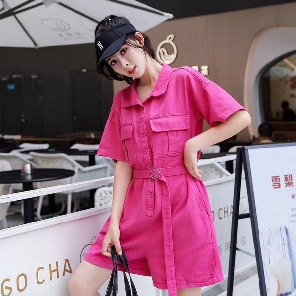

women's jumpsuits & rompers candy color high waist overall jumpers with sash women casual summer romper lapel pocket shorts jumpsuit pl, Black;white