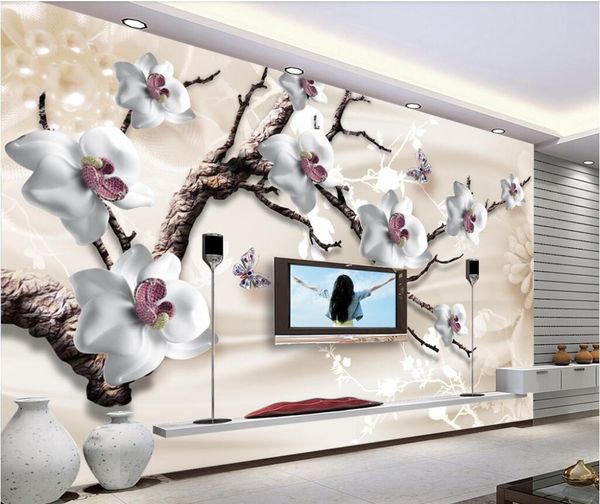 Personalizado 3d luxo jóias flores tv fundo parede primavera 5d decorativo papel de parede 8d cristal em relevo