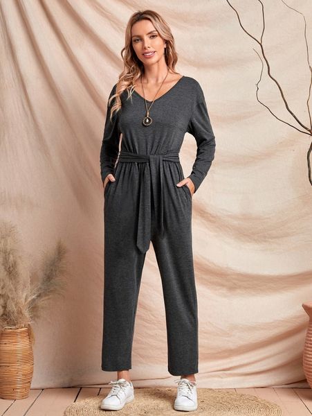 

emery rose drop shoulder hidden pocket belted jumpsuit 80a4#, White