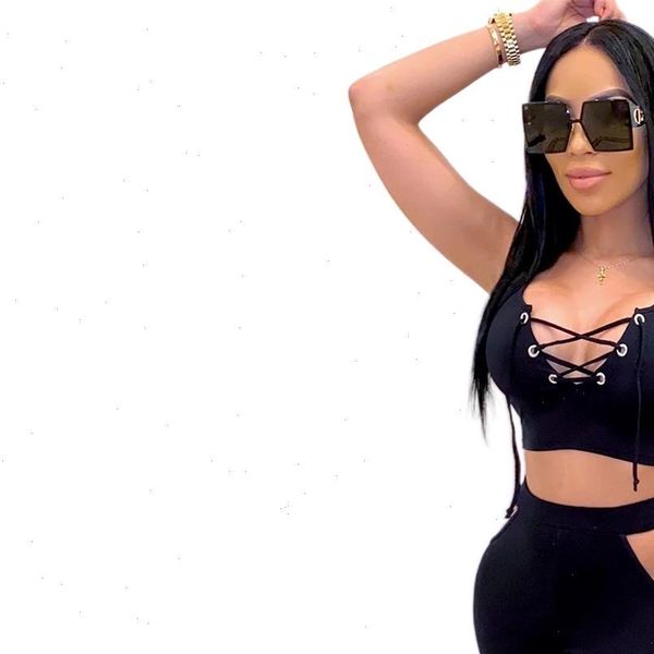 

women pants set summer v neck sleeveless shirt and hollow out trousers casual two piece set streetwear outfits, Gray