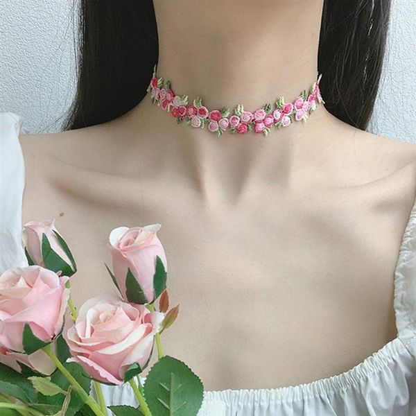 

chokers 2021 korean sweet romantic choker pink spring knit flower rose necklace for women girls party jewelry holiday, Golden;silver
