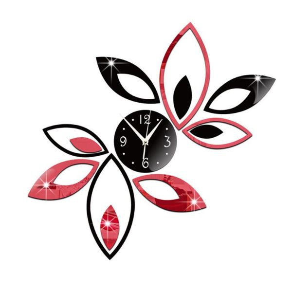

mirror wall sticker clock acrylic clock mirror three-dimensional wall sticker-red and black leaves decor art
