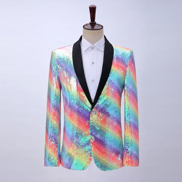 

men's suits & blazers male rainbow sequin collar modern long sleeve suit for anchor nightclub youth stage performance dress, White;black
