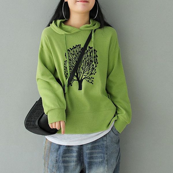 

women's hoodies & sweatshirts fairy natural embroidery tree casual sweatshirt women 2021 spring autumn female loose drawstring hooded p, Black