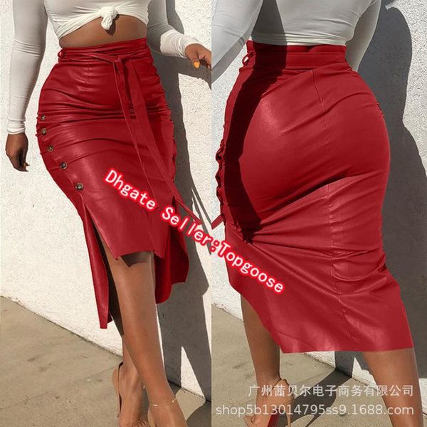 

wepbel women leather skirts slit long slim-fit lace up skirts solid color high waist pencil pu casual club wear, Black