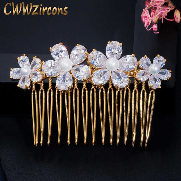 

stunning cubic zirconia stone yellow gold color pearl wedding hiar combs flower headpiece accessories for brides a010 210714, Slivery;golden