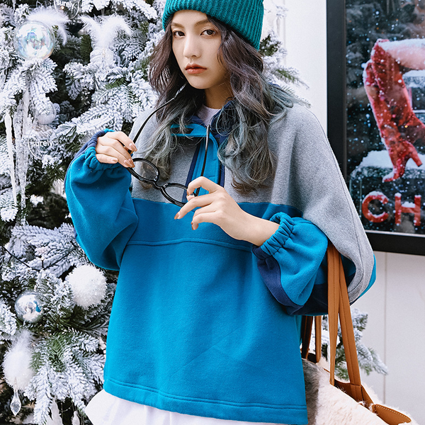 

patchwork hit color sweatshirt for women hooded collar long sleeve casual sweatshirts female fashion new clothing, Black
