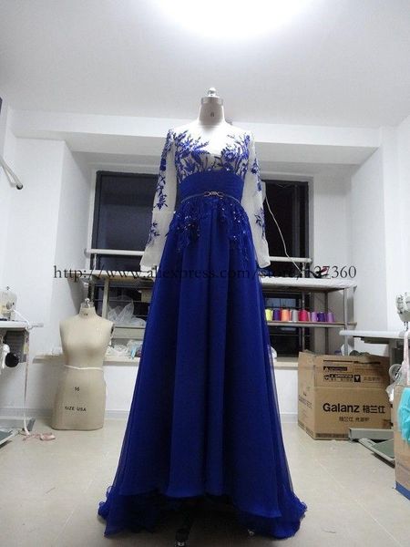 

bridal veils real pos blue color lace long sleeve evening dress, Black