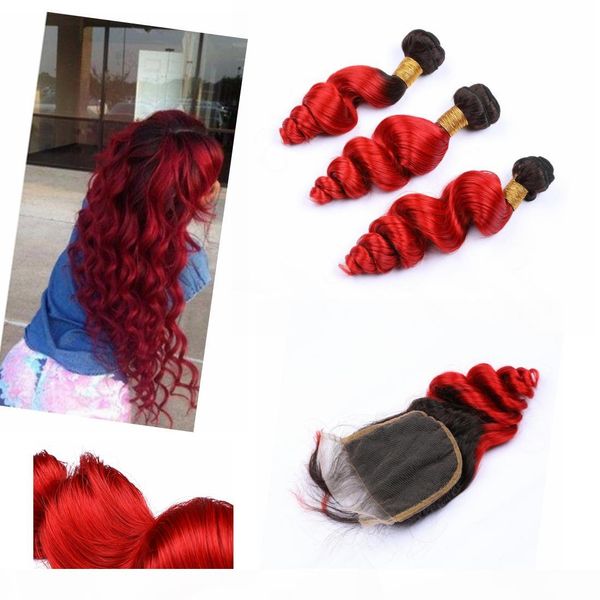 

malaysian ombre weave hair human bundles with closure 4" * 4" dark root loose wave #1b #red virgin bundles with closure, Black;brown
