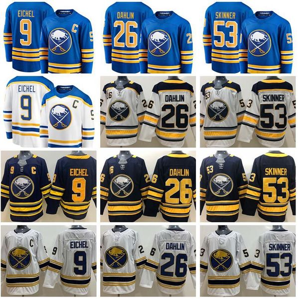 

2021 buffalo sabres 9 jack eichel jersey hockey 26 rasmus dahlin 53 jeff skinner 50th home royal navy blue white stitched man woman kids, Black;red