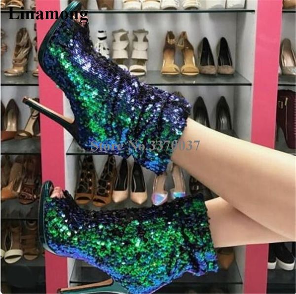 

boots women luxurious bling sequined stiletto heel short gladiator blue gold black shining high ankle booties drop