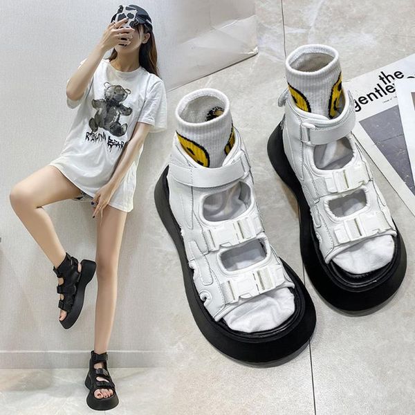 

sandals women's faux leather 2021 summer fashion sports all-match flat shoes, lns roman platform sandals, women, Black