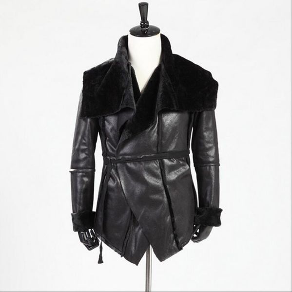 

men's fur & faux 2021 autumn winter thickening fire cracks punk leather clthing casual outerwear turn-down collar motorcycle jacket coa, Black
