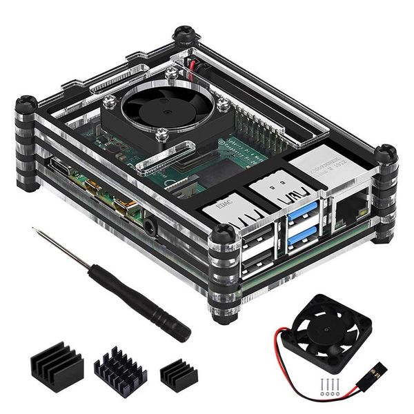 

acrylic transparent / clear & black case cover for raspberry pi 4 model b, with cooling fan 4b lappads