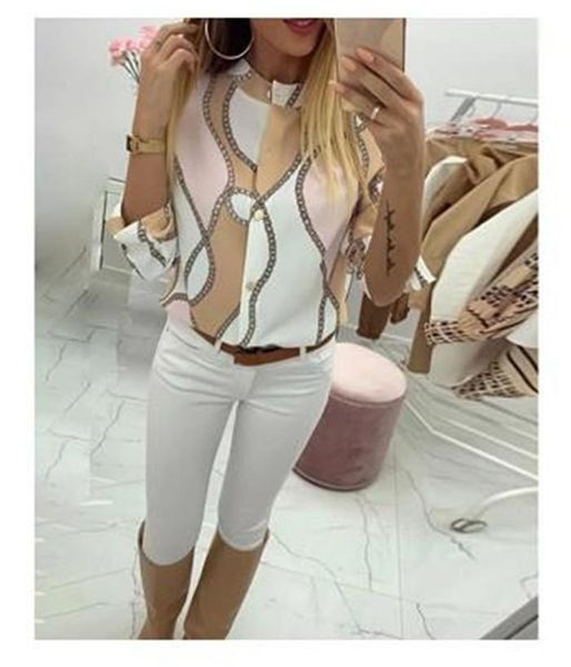 

womens pattern fashion trend shirt spring stand collar long sleeve slim fit casual blouses famale new print shirts clothing, White