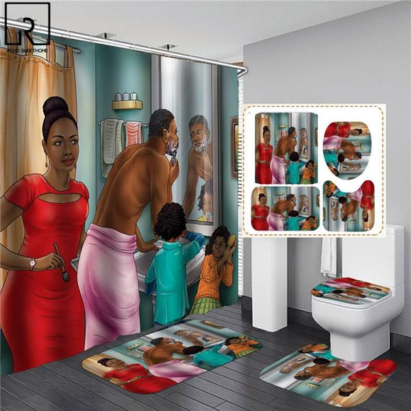 

american happy family print shower curtain polyester waterproof bathroom curtains soft bath rug flannel carpet anti-slip mat set